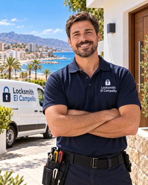 A smiling man in a navy polo with a tool belt stands with his arms crossed beside a white van, palm trees and the sea behind him
